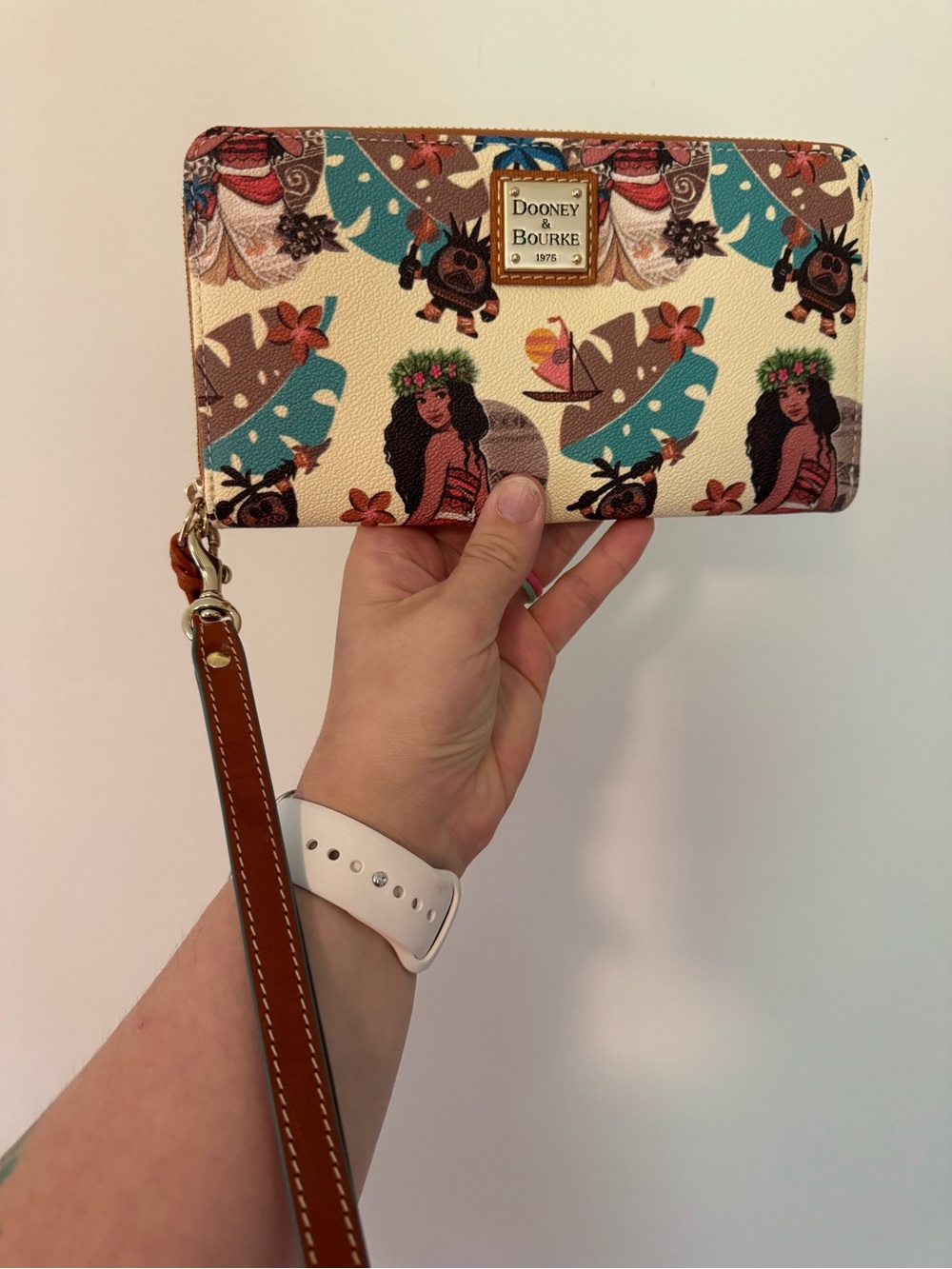 Dooney & Bourke Cream Tropical Hula Girl Wristlet with Brown Strap